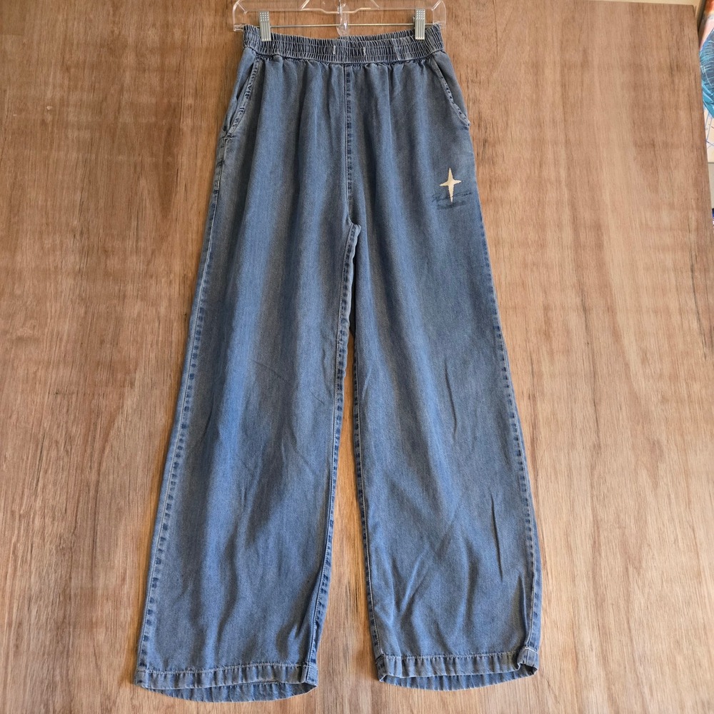 BJHG Blue Wide Leg Elastic Waist Denim Pants Star Graphic Streetwear Medium